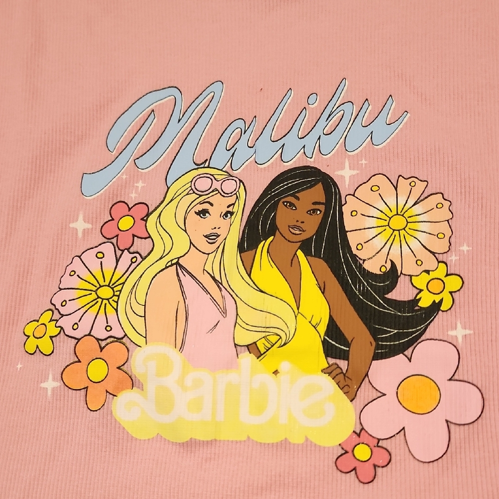 Grayson Threads Pink Ribbed MALIBU BARBIE Graphic Cropped Tee NWOT